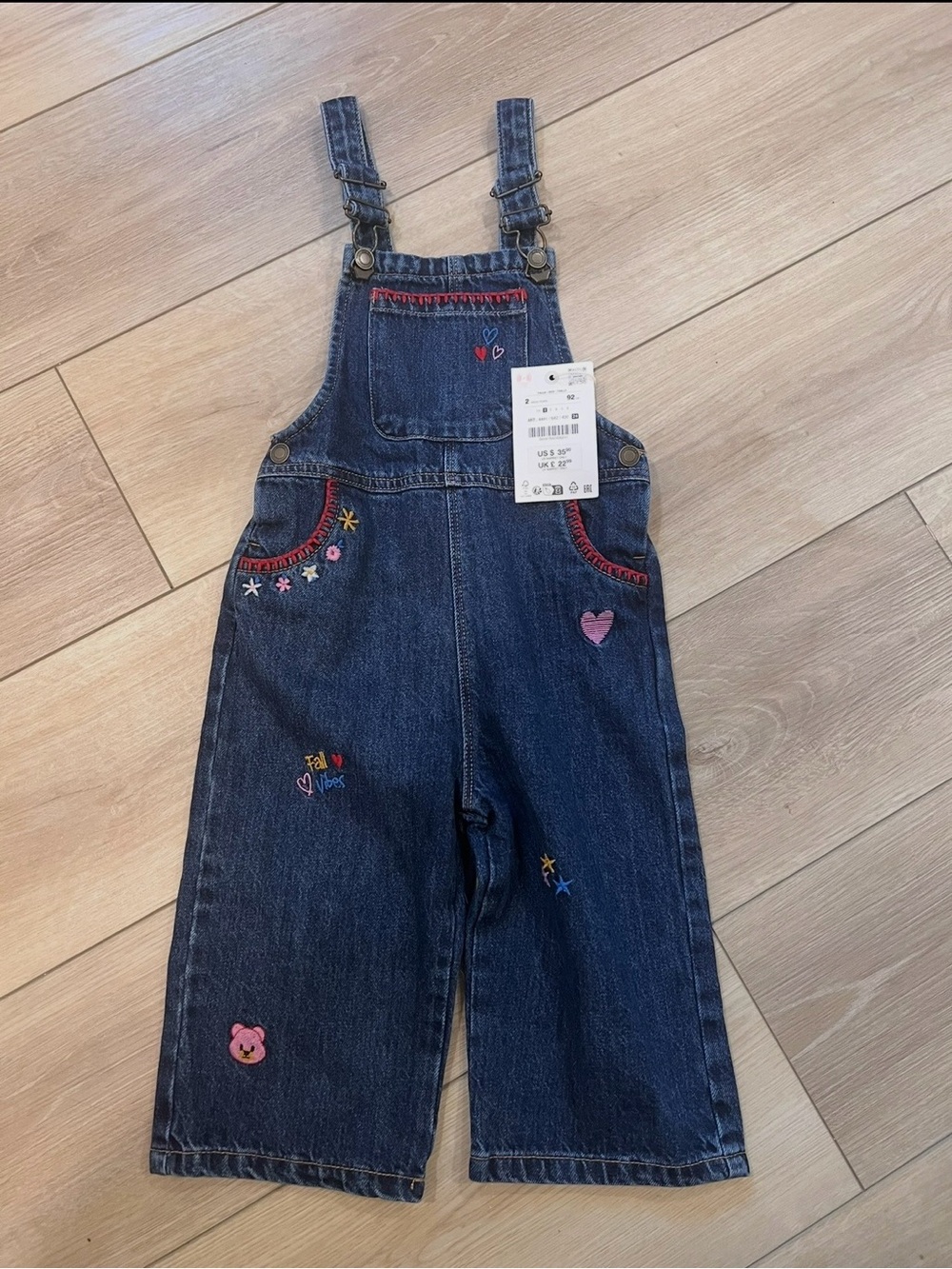 Zara Blue Denim Overalls with Colorful Fall Inspired Embroidery